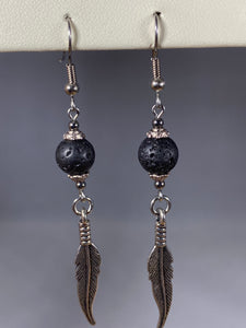 Silver Feather Round Lava Diffuser Earrings - Lighten Up Shop